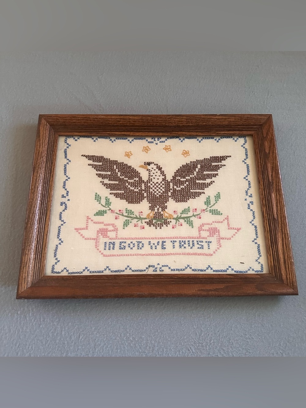 Vintage Framed Cross Stitch American Eagle In God We Trust 12” x 16” Folk Art